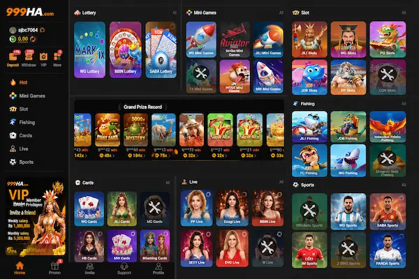 999HA game dashboard showing online casino categories including lottery, mini games, slots, fishing, cards, live casino, and sports betting interface